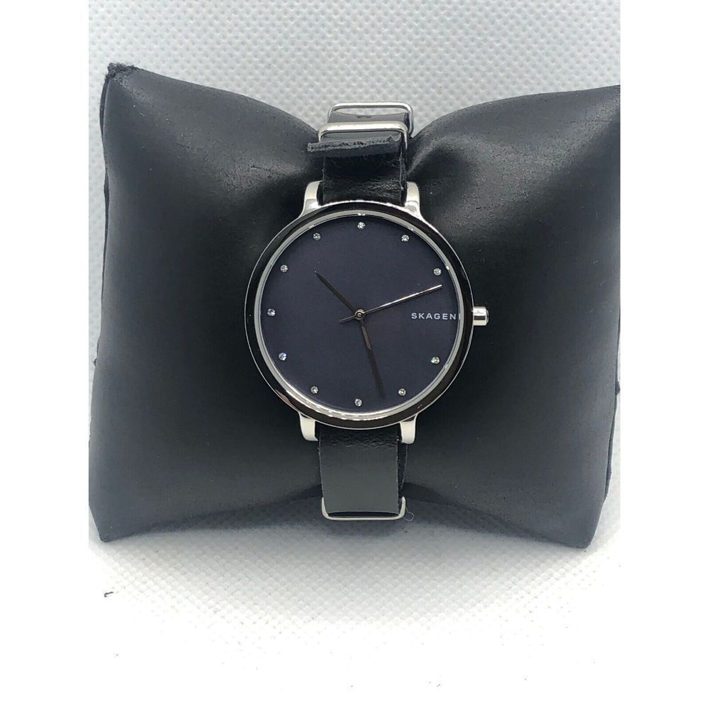 Skagen SKW2582 Women's Black Leather Analog Blue Dial Quartz Genuine Watch OL36